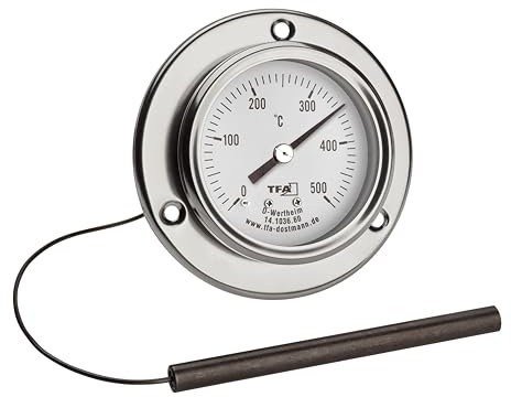 TFA Dostmann Termómetro analógico de acero inoxidable para pizza, 14.1036, adecuado para el horno de pizza, horno de piedra, horno de leña o barbacoa/ahumador, hasta 500 °C, con sensor de cable,
