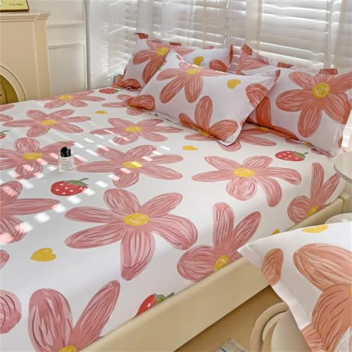 Treer Microfaser Spannbetttuch mit 2 Kissenbezug Rutschfestem Bettlaken, Atmungsaktivem in Vielen Größen und Farben, Hohe Tiefe Tasche bis 25cm (200x220x25cm,Erdbeerblume)
