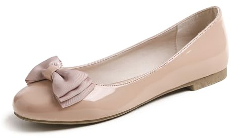 FEVERSOLE Women's Round Toe Cute Bow Trim Ballet Flats Nude Pink Patent Size 8 M US