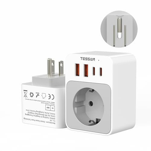 TESSAN Adaptateur Prise USA Pliable avec 2 USB C et 2 USB A, Charge Rapide 20W, 1875 W Compact pour Américaine, Canada, Thailande, Mexique, Colombie Cuba Republique Dominicaine, Type B