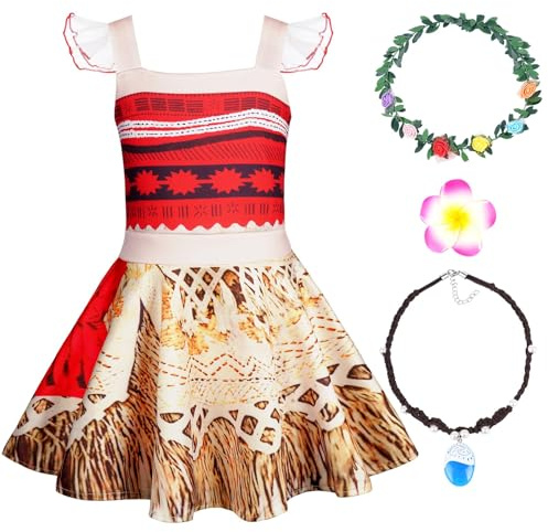 AUYAO Kinder Prinzessin Mädchen Kostüm 5 Set Vaiana Kleid Verkleidung mit Zubehör Blumenkrone Halskette Blumenclip Girls Princess Kostüm Verkleidung Karneval Halloween Geburtstag Party (140cm)