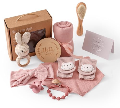 WOODEN TEETHER Baby-presentset i 10 delar (graverbar och välsignad), babybadset för nyfödda, babyflickor, gåvor och babypojkar, presenter till babyshower (rosa)