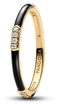 Pandora Anillo para mujer esmalte negro y piedras doradas 163686C01, 58/18,5, Plata de ley, Zirconia cúbica