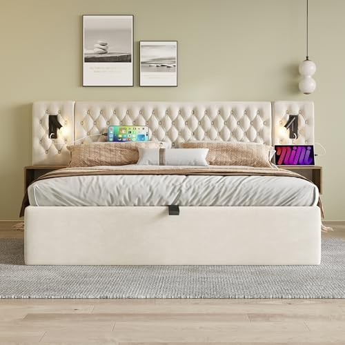 Set completo per camera da letto, letto imbottito, letto matrimoniale, 180 x 200 cm, con 2 comodini, testiera con funzione di ricarica USB, 261 x 210 x 105 cm, velluto (senza materasso) (beige)