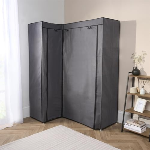 OHS Canvas Wardrobe For Bedroom Corner Fabric Wardrobe, Lightweight Stylish Zippered Portable Wardrobes with Storage Shelves & 2 Hanging Rags Folding Grey Wardrobes
