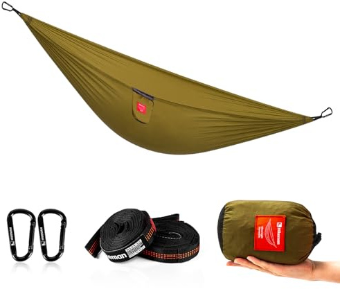 HIKEMAN Hammock for Camping Ultralight Hammocks Gear for Outdoors Backpacking Survival or Travel - Portable Lightweight Nylon - Up to 440lbs(Khaki)
