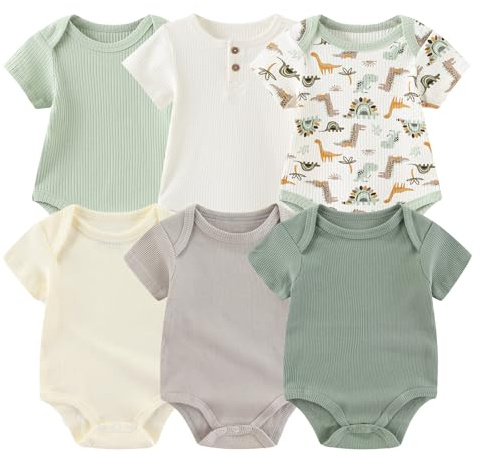 MAMIMAKA 6 Pack Unisex Baby Short Sleeve Bodysuits Cotton Baby Grow Vest one-Piece, 3-6 Months