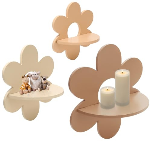 JarThenaAMCS 3Pcs Boho Daisy Wall Shelf Cute Flower Wooden Floating Shelf Hanging Display Stand for Home Living Room Bedroom Bathroom Decor