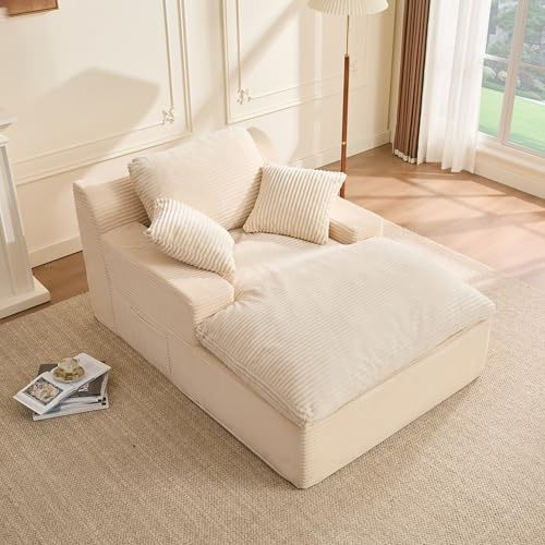 Litbird 160 cm Chaise Lounge Chair, Boneless Couch,Set of Sofabed Floor Lounge Sofa with Movable Pillows & Side Pockets, Cloud Couch with Armrests for Living Room, No Assembly Required, White