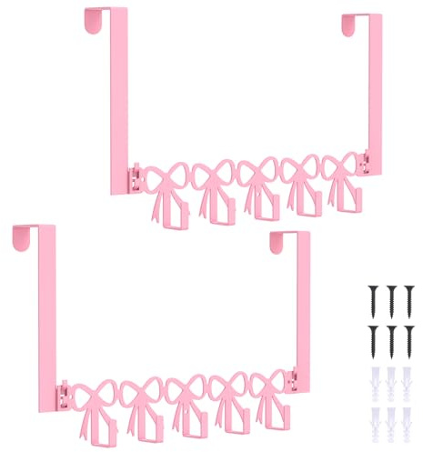 2 stycken dörrgarderob för upphängning, rosa metall, avtagbar, dörrgarderob på insidan med 5 dörrkrokar för upphängning, rostskydd, rosa rosett, klädkrokar dörr för sovrum, badrum, garderober