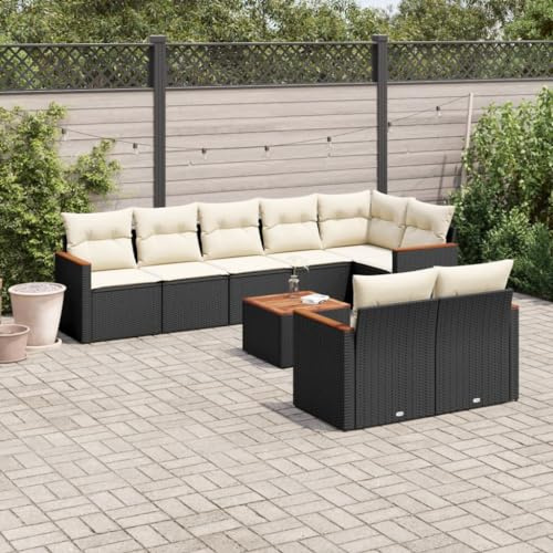 Frdhee Muebles de jardín grupo de bancos de esquina, 9 piezas, conjunto de sofás de jardín con cojines de ratán negro polivinílico,Muebles de jardín de invierno para terraza, balcón, patio trasero