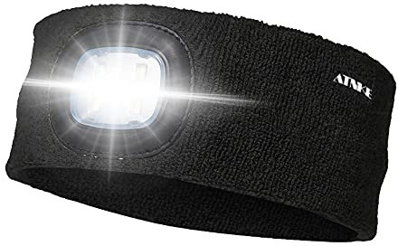 ATNKE LED Beleuchtetes Stirnband, Wiederaufladbare USB Lauf Stirnbänder mit Licht Extrem Heller 4 LED Lampe Winter Warme Stirnlampe für Herren und Damen Geschenke/Schwarz