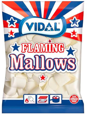 Vidal Golosinas. Flaming Mallows Vainilla. Nubes esponjosas de gran tamaño con sabor a vainilla. Ideales para barbacoas, fogatas y planchas. Color blanco. Sin gluten ni grasa. Bolsa 1 kg