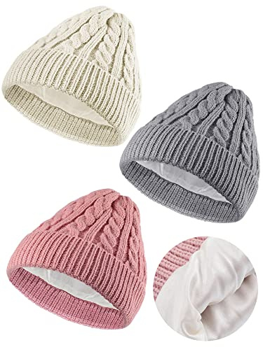 3 Pieces Kids Winter Satin Lined Knit Ski Beanie Hat Child Winter Warm Skull Caps for Girls Boys Baby Toddlers 3-12 Years (Milky White, Pink, Light Gray,Simple Style)