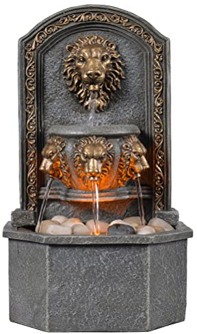 GOSSI 10.3 Inch Lion Head Tabletop Water Fountain, Classic Resin Indoor Zen Waterfall Fountain with Cobblestone, Soothing Water Sounds for Office and Home Decor (20135)