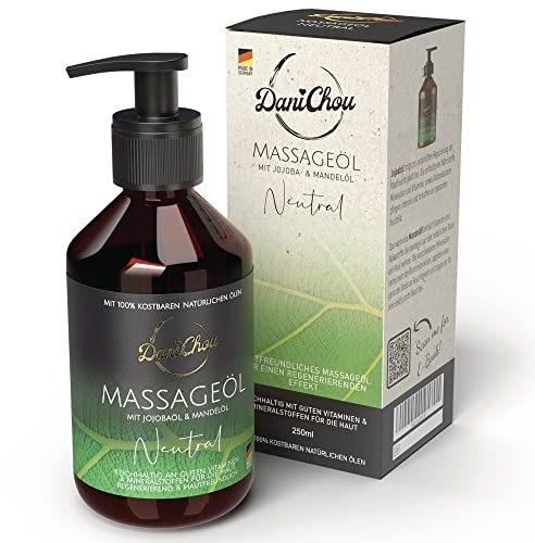 DaniChou Massageöl Neutral 250ml - Ohne Parfüm - Für empfindliche Haut - Vitalstoffreiches Körperöl - Mit Jojobaöl & Mandelöl - 100% Naturkosmetik - Regenerierender Pflegeeffekt für straffe Haut