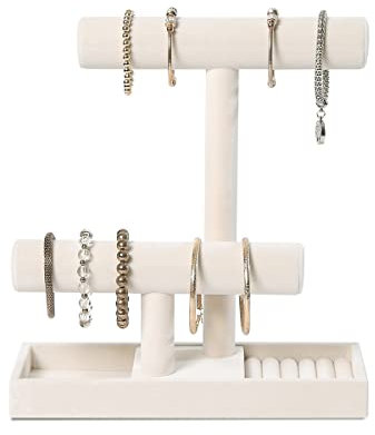 ByKen Multi-Functional 2 Tier Jewelry Holder,Necklace Bracelet Holder with Earrings Rings Tray,Jewelry Organizer Stand for Scrunchie Watches(Beige Velvet)