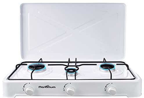 MaXimum tragbarer Campingherd | Gaskocher Campingkocher | Tischkocher mit Deckel | Weiß | 1,5-4.35KW | inkl. Regler + Schlauch (3 Flammiger Gaskocher)