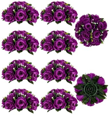 BLOSMON Flower Centerpieces for Tables Wedding 10 Pcs Purple Fake Flowers Rose Arrangement Bouquet Floral Centerpiece Balls Artificial Wedding Center Pieces of Valentines Day Home Party Decor