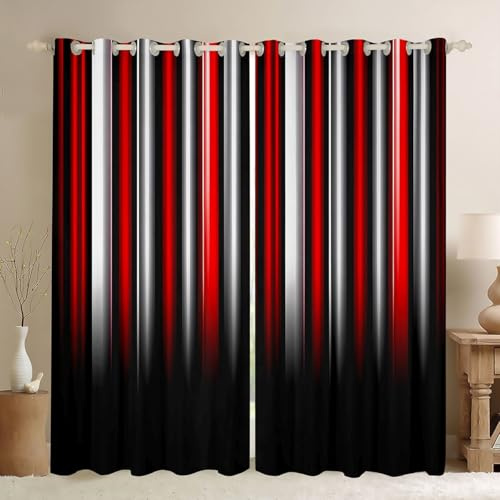 jejeloiu White and Red Darkening Dreapes Geometric Strip Lines Curtains for Bedroom Kids Curtains (2 Panels, 52 x 90 Inch) Modern Gradient Red and Black Window Treatments Blackout