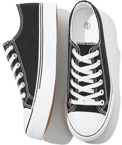 FRACORA Womens White Black Canvas Sneakers Low Top Canvas Shoes for Women Tennis Shoes(Black,US9.5)