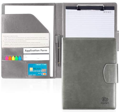 Agoer Pochette porte-bloc A4 en cuir, organisateur de portefeuille avec fermeture magnétique, papier et stylo, dossier de conférence avec plusieurs poches pour bureau, agenda cadeau, gris