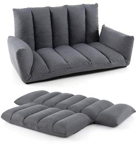 COSTWAY Canapé au Sol Pliable et Inclinable, Siège Rembourré avec Dossier et Accoudoirs Réglables à 5 Positions, Canapé Convertible, Cadre en Métal Robuste, pour Salon de Jeu, Chambre, Gris