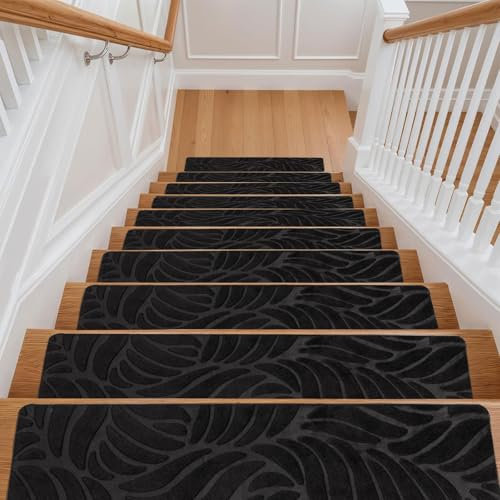 Youyijia 15PCS Anti-Slip Stair Tread Pads - 65x20cm Carpet Stair Treads Mats Self Reused Step Protectors Cover Mat for Kids Elders Pets Stair Carpet Tiles Black (Black)