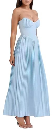 TACSTRUN Vestido de corsé Sexy Plisado Elegante Tubo Superior Bustier Midi Vestido Flowy hem Low Cut Vestidos de Fiesta,Azul,S