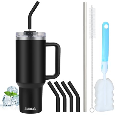 BuildLife Tazza termica 40 oz con cannuccia e manico, acciaio inox isolato, a doppia parete, a prova di perdite, senza BPA, lavabile in lavastoviglie (nero, 1200 ml)