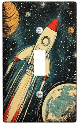 Space Rocket Light Switch Cover Plates/Outlet Covers, Blue Galaxy Theme for Kids Room Decor, Plastic Wall Plates, Standard Size Single Toggle