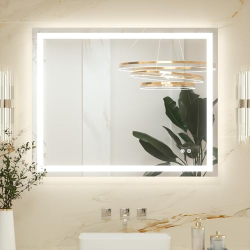 Keonjinn Badspiegel mit Beleuchtung 100x80cm, Badezimmerspiegel Beleuchtet Beschlagfrei Led Bad Spiegel mit Touch Schalter, 3 Lichtfarben Dimmbar Speicherfunktion Badezimmer Wandspiegel Ohne Rahmen