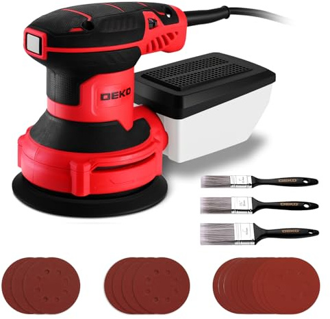 Orbital 300 W slipmaskin, 6 hastighetsinställningar, 1 4 000 rpm, lämplig för elektriska slipmaskiner i trä, utrustad med 16 slipblad och 3 borstar (röd)