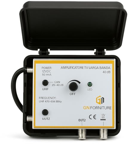 Amplificatore TV Digitale Terrestre 40 dB con Filtro 5G – 2 Ingressi 2 Uscite, Regolabile 25–40 dB, Alimentazione 12V, Compatibile DVB-T2