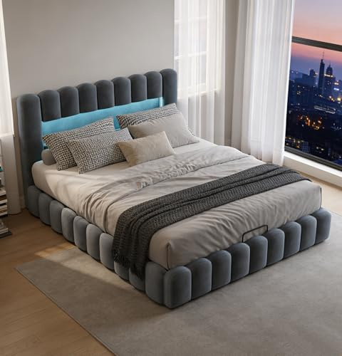 BRILVERDE Letto Imbottito 180x200 con Contenitore Idraulico, Letto Matrimoniale a LED con USB, Funzionale con testiera, Struttura Letto con Rete a doghe, Velluto (Grigio, 180 x 200 cm)