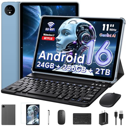 11 Inch Tablet Android 16 with Keyboard, 24GB RAM + 256GB ROM (2TB Expand), T7250 Octa-Core, 1920x1200 IPS FHD Display, 16MP+8MP Dual Camera, Gemini AI, GPS, 2.4G/5G WiFi, 8000mAh, Widevine L1