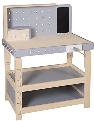 roba Banco de Trabajo Infantil de Madera con Altura Ajustable + Herramientas y Accesorios de Bricolaje + Sierra + Martillo y Otros - Gris/Natural