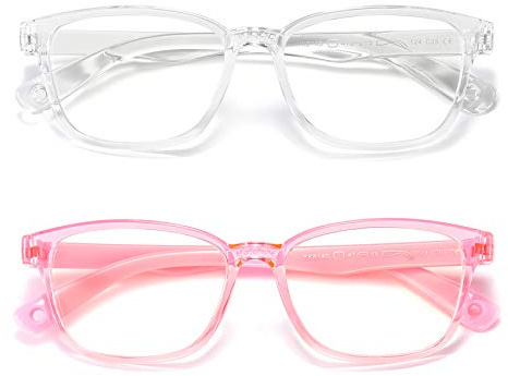 AHXLL Kids Blue Light Blocking Glasses 2 Pack, Anti Eyestrain & UV Protection, Computer Gaming TV Phone Glasses for Boys Girls Age 3-9 (Clear+Transparent Pink)