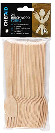 Chef Aid Wooden Forks 24 Piece Set - Sustainable and Stylish Birchwood Cutlery for Picnics, Parties, Weddings, and More - Biodegradable and Compostable, Sturdy and Durable, Chemical-Free,