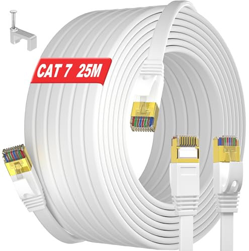 MEIPEK LAN Kabel 25 meter weiß Cat 7 Flach Netzwerkkabel 25m, Reines Kupferkern RJ45 LAN Ethernet-Kabel, Lange Cat 7 25m Gigabit FTP Geschirmtes Internet Patchkabel für Router Modem Switch