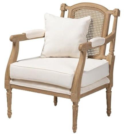 BOWERY HILL Contemporary Mahogany Wood Armchair, Whitewashed Oak Finish, 16.1'' Seat Height, Ivory Upholstered Cushion with Foam Padding, Decorative Pillow, Rattan Back, French Style Accent Chair