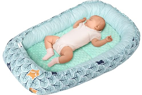 Medi Partners Babynest, gosig nest, babynest, 100% bomull, resesäng för spädbarn, 100 x 60 x 15 cm, avtagbar (Skog, Mint Minky)