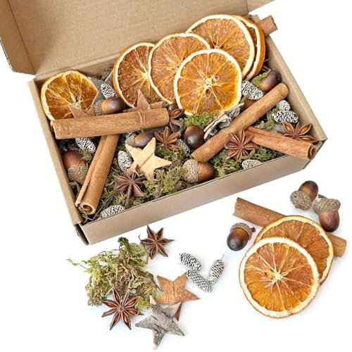 67 Stück Adventskranz Deko, Weihnachtskranz Deko mit Tannenzapfen, Zimtstangen, Getrocknete Orangenscheiben, Birkensternen, Gelbgrün Moos, Potpourri Weihnachten für Weihnachtsdeko, Advent,Wichteltür