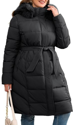 Geschallino Veste matelassée pour femme, grande taille, parka longue, ceinturée, manteau d'hiver chaud à capuche LZ12617PLUS Noir 3X