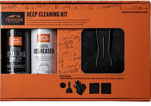 Traeger Grills Deep Cleaning Kit - Exterior Detailing Spray (16oz), Foaming Degreaser (16oz), Grill Scraper & Pad, Microfiber Towels, Nitrile Gloves - Tools for cleaning Grill, Smoker, Oven, Griddle