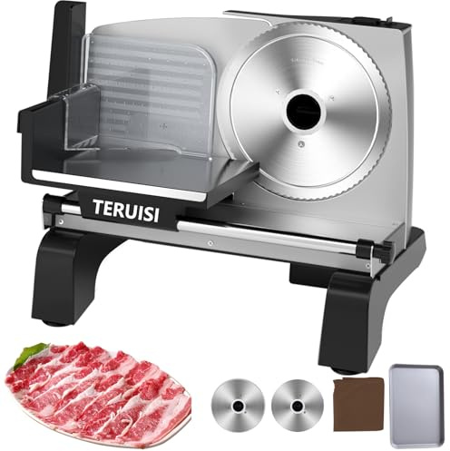 TERUISI Meat Slicer 200W Electric Meat Food Slicer Machine for Home Use, 19CM Stainless Steel Blades 0-18mm Adjustable Thickness for Ham Bread Meat Veg