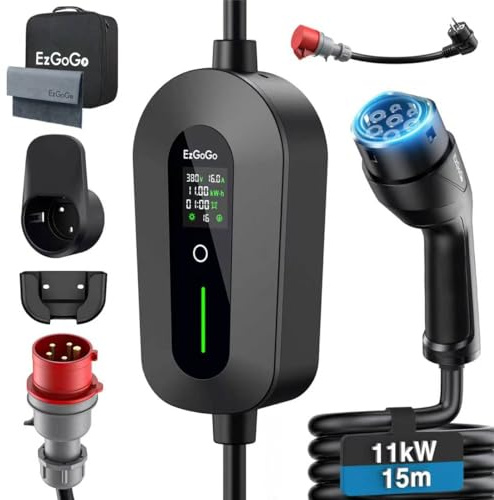 EzGoGo Mobil väggbox 11kW laddare typ 2 (3-fas) med 15m laddningskabel CEE 16A till typ 2 inkl. daglig användningsadapteruppsättning | EV-laddstation [6/8/10/13/16A] | Hög IP65-skydd | För elbilar