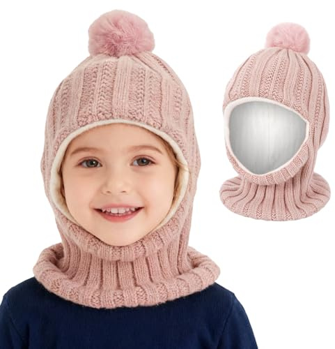 QKURT 1 st barn vinter balaklava hatt, småbarn tjock vinter balaklava mössa hattar pojkar flickor varm stickad mössa halsduk halsvärmare barn termisk fleecefoder stickad mössa fluffig boll 2-6 år