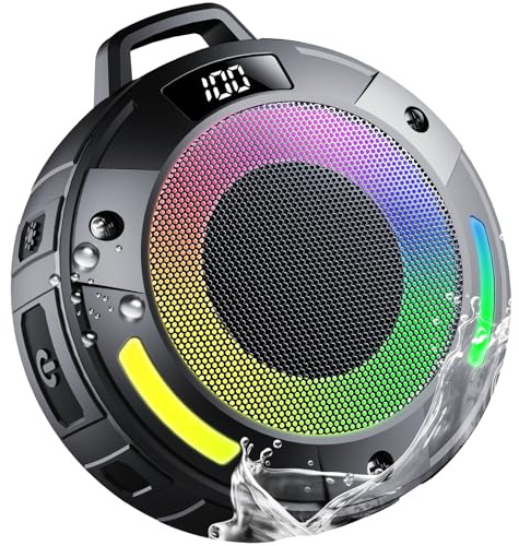 Bluetooth Speaker, 2025 Portable Wireless Shower Speaker, Digital Display Portable Speaker with Detachable hook ,IPX7 Waterproof with LED Light, HD Sound & Bass for Bathroom, Pool, Beach & Outdoor