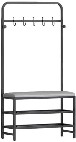 3-i-1 entré klädhängare med bänkskoförvaring och krokar stoppade i fuskläder robust metallram grå och svart 80 x 25 x 170 cm - perfekt för väskor och väskor